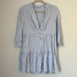 Zara Blue and White Striped 3/4 Sleeve Trapeze Mini Dress Size XS